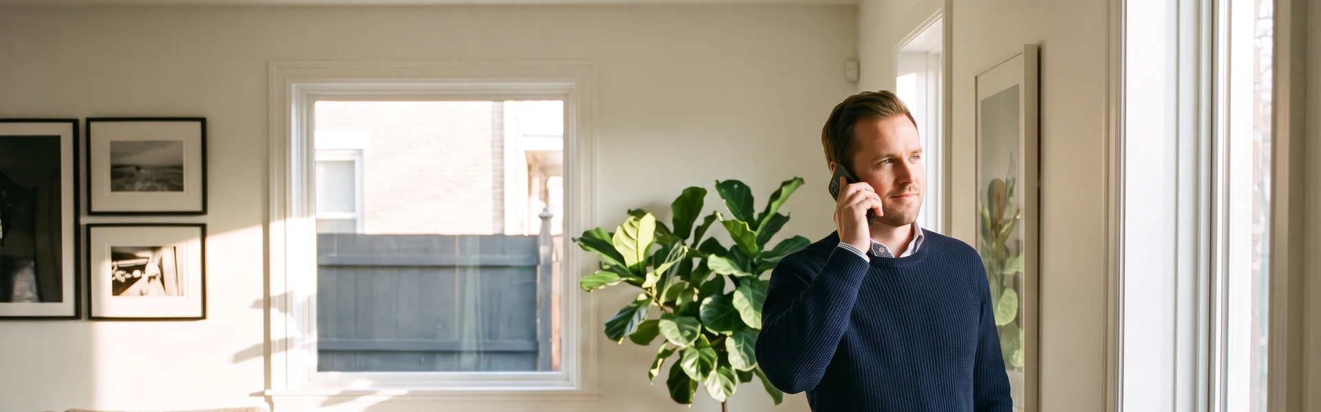 A person standing, phone to their ear, in a bright interior.